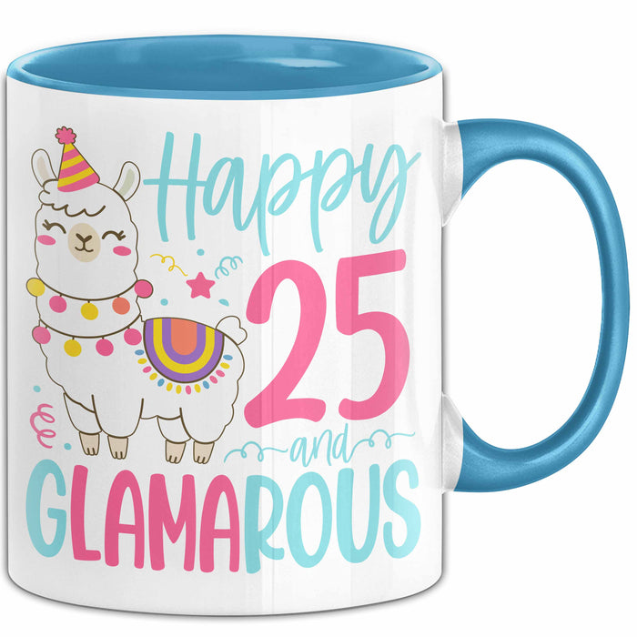 25er Geburtstag Tasse Geschenk Happy 25 And Glamarous Llama Alpaka Liebhaber Geschenkidee zum Geburtstag Blau Trendation
