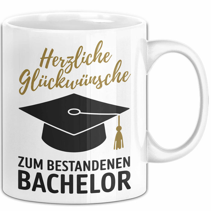 Schüler Abschluss Tasse Geschenk Lustige Geschenkidee Spruch Herzliche Glückwünsche Zum Bestandenen Bachelor Weiß Trendation