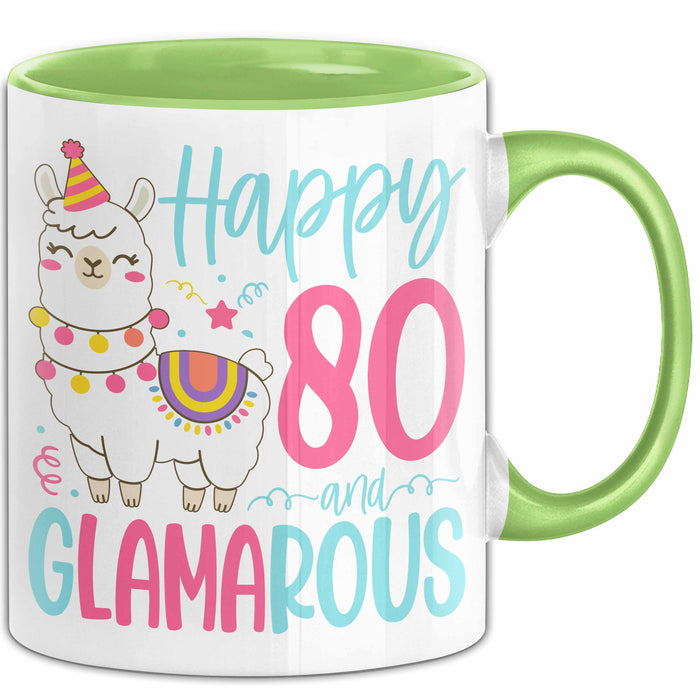 80er Geburtstag Tasse Geschenk Happy 80 And Glamarous Llama Alpaka Liebhaber Geschenkidee zum Geburtstag Grün Trendation