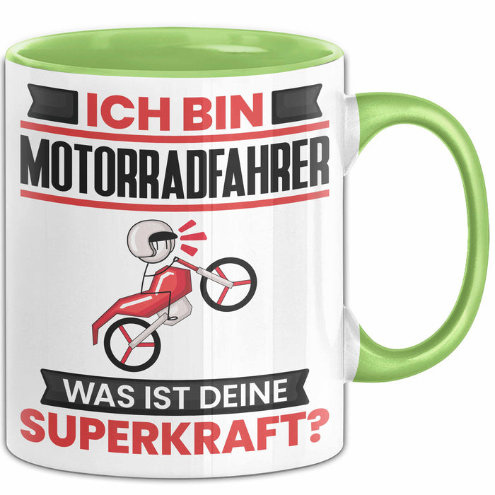 Motorradfahrer Tasse Geschenk für Motorradfahrer Geburtstag Lustiger Spruch Kaffee-Becher Was Ist Deine Superkraft Grün Trendation