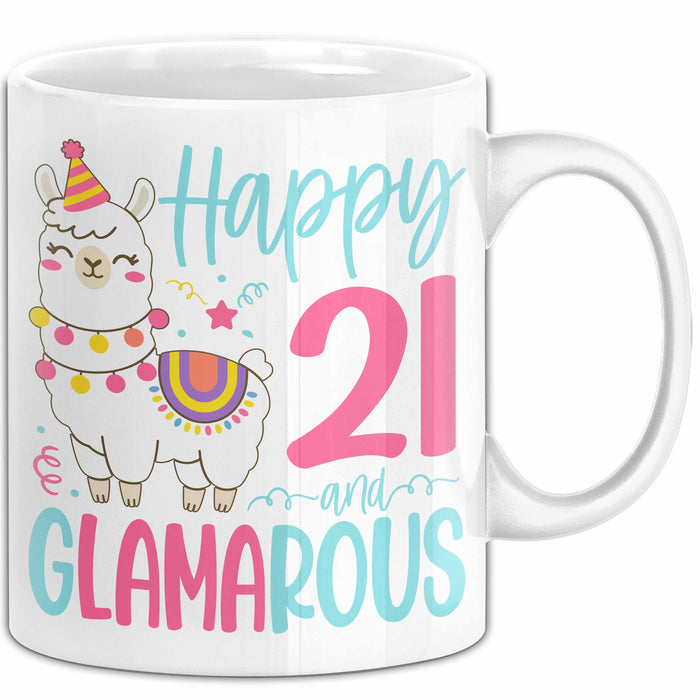 21er Geburtstag Tasse Geschenk Happy 21 And Glamarous Llama Alpaka Liebhaber Geschenkidee zum Geburtstag Weiß Trendation