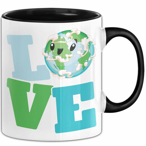 Erde Tasse Geschenk LOVE Schriftzug Lächelnde Erde Geschenkidee Schwarz Trendation