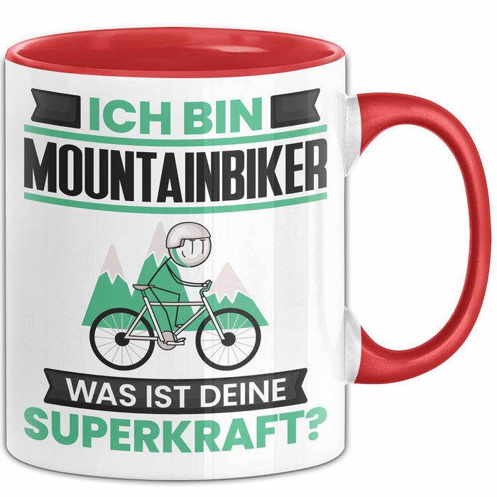 Mountainbiker Tasse Geschenk für Mountainbiker Geburtstag Lustiger Spruch Kaffee-Becher Was Ist Deine Superkraft Rot Trendation