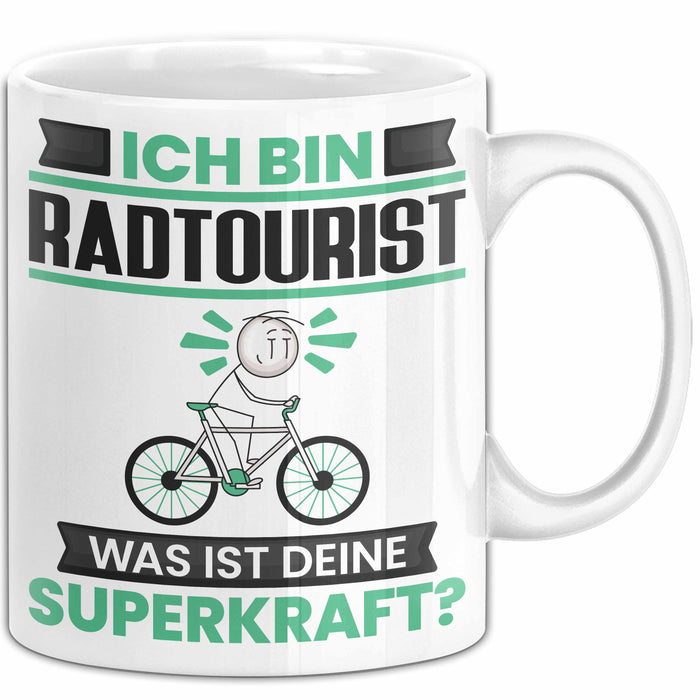 Radtourist Tasse Geschenk für Radtourist Geburtstag Lustiger Spruch Kaffee-Becher Was Ist Deine Superkraft Weiß Trendation