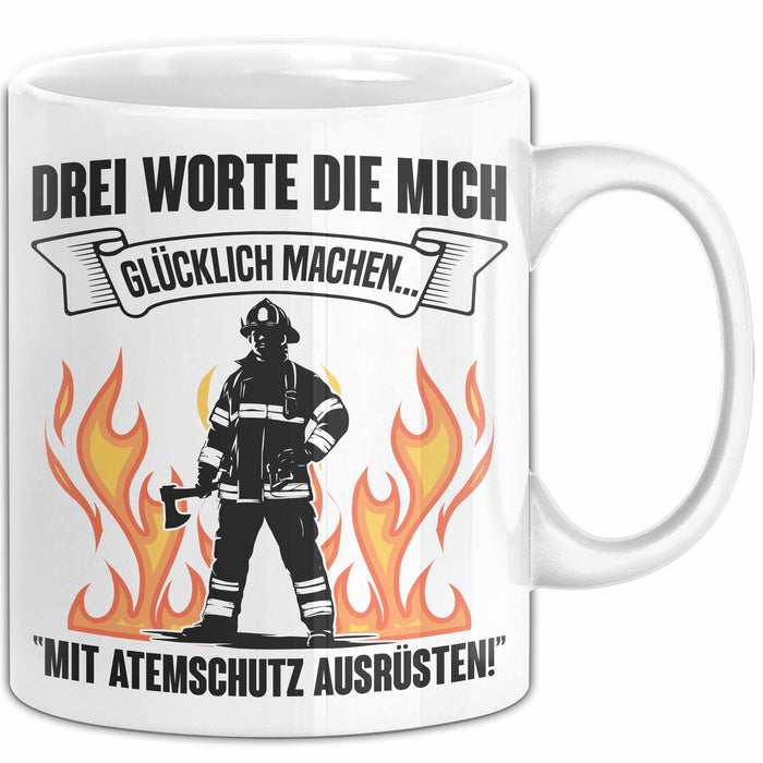 Feuerwehrmann Tasse Geschenk 3 Worte Die Mich Glücklich Machen Mit Atemschutz Ausrüsten Weiß Trendation