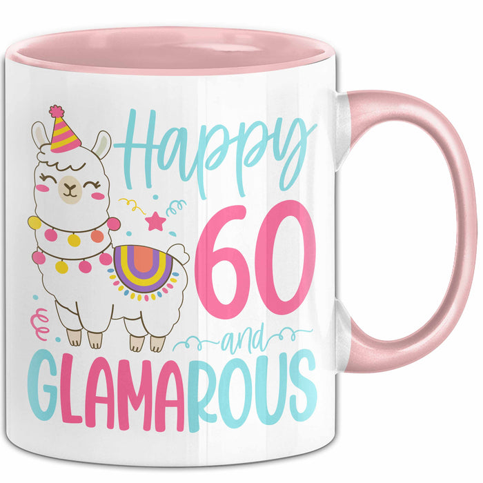 60er Geburtstag Tasse Geschenk Happy 60 And Glamarous Llama Alpaka Liebhaber Geschenkidee zum Geburtstag Rosa Trendation