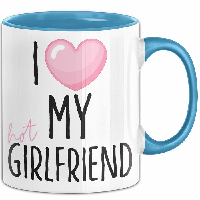 Valentinstag Tasse "I Love My Hot Girlfriend" Geschenk für Freundin Blau Trendation