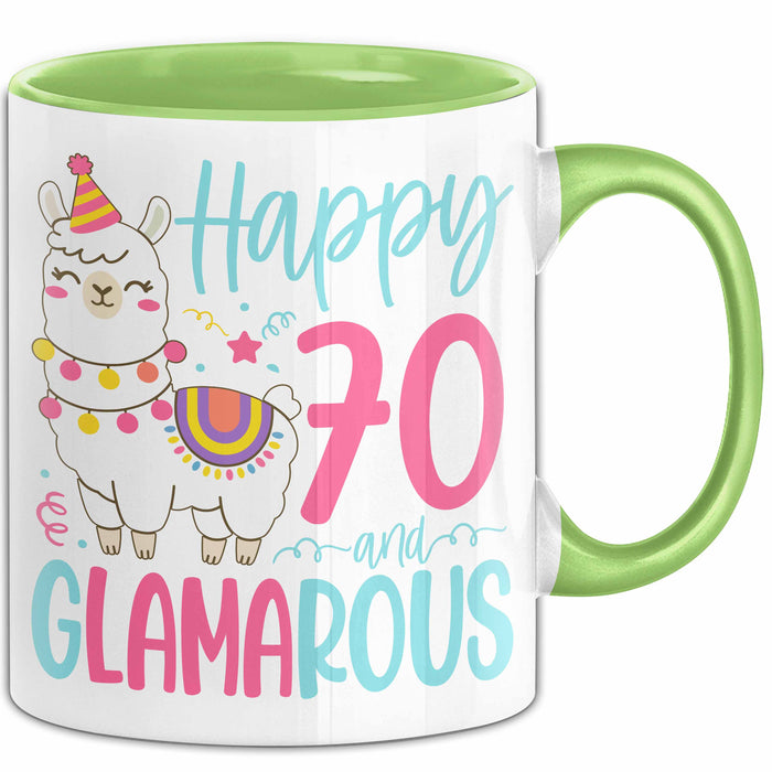 70er Geburtstag Tasse Geschenk Happy 70 And Glamarous Llama Alpaka Liebhaber Geschenkidee zum Geburtstag Grün Trendation