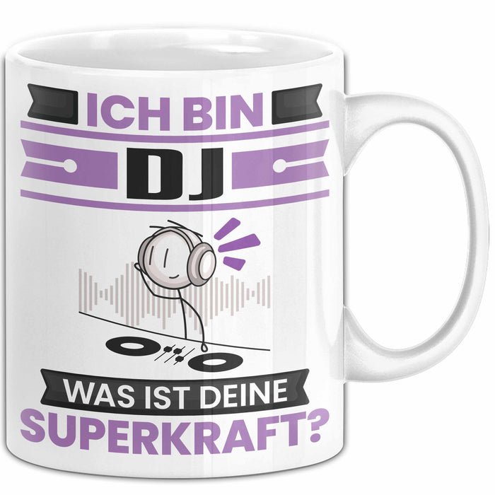 DJ Tasse Geschenk für DJ Geburtstag Lustiger Spruch Kaffee-Becher Was Ist Deine Superkraft Weiß Trendation