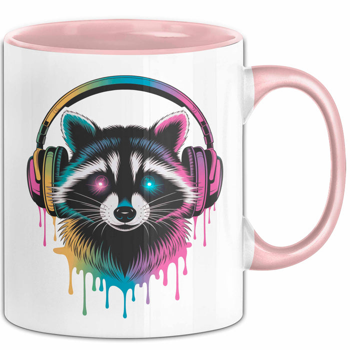 Waschbär Tierliebhaber Musik Kopfhörer Tasse Geschenk Lustige Geschenkidee Spruch Rosa Trendation