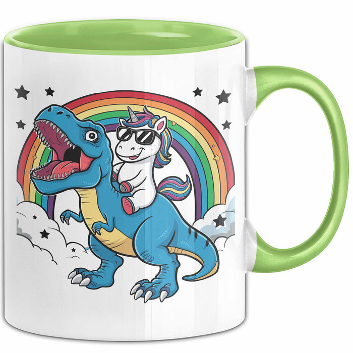Einhorn Liebhaber Tasse Geschenk Einhorn Reitet Auf Dinosauriere T-Rex Dino Frauen Geschenk Grün Trendation
