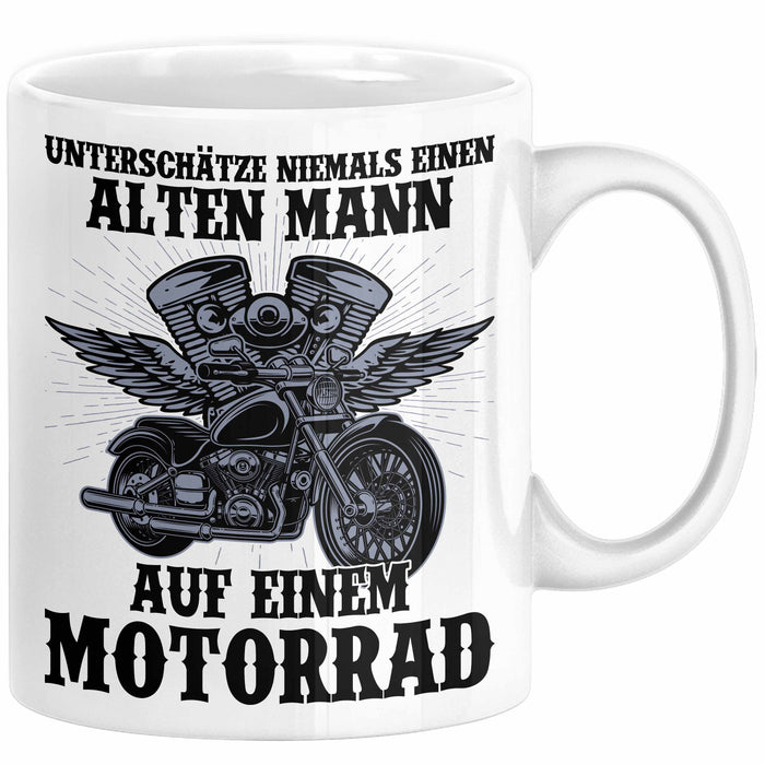 Motorradfahrer Geschenk Tasse Kaffee-Becher Motorrad Spruch Unterschätze Niemals Einen Alten Mann Auf Einem Motorrad Spruch Männer Weiß Trendation