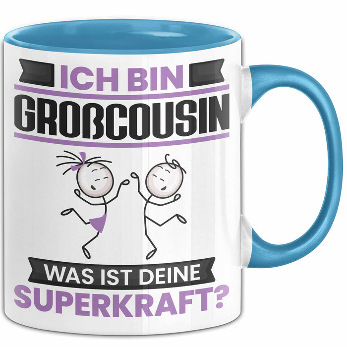 Großcousin Tasse Geschenk für Großcousin Geburtstag Lustiger Spruch Kaffee-Becher Was Ist Deine Superkraft Blau Trendation