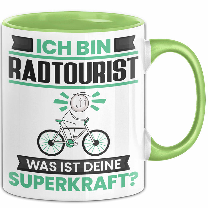 Radtourist Tasse Geschenk für Radtourist Geburtstag Lustiger Spruch Kaffee-Becher Was Ist Deine Superkraft Grün Trendation