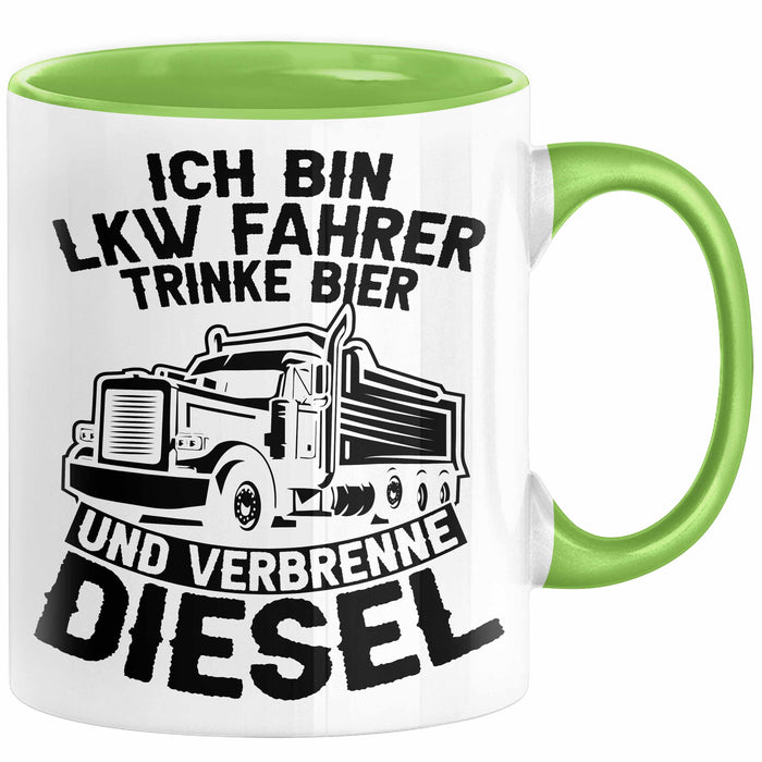 LKW Fahrer Tasse Geschenk Ich Bin LKW Fahrer Trinke Bier und Verbrenne Diesel Humor Geschenkidee Kaffee-Becher Grün Trendation