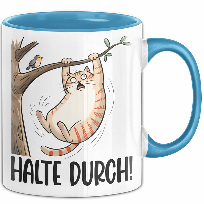 Katze Spatz Tasse Geschenk Grafik Halte Durch Geschenkidee Kaffee-Becher Blau Trendation