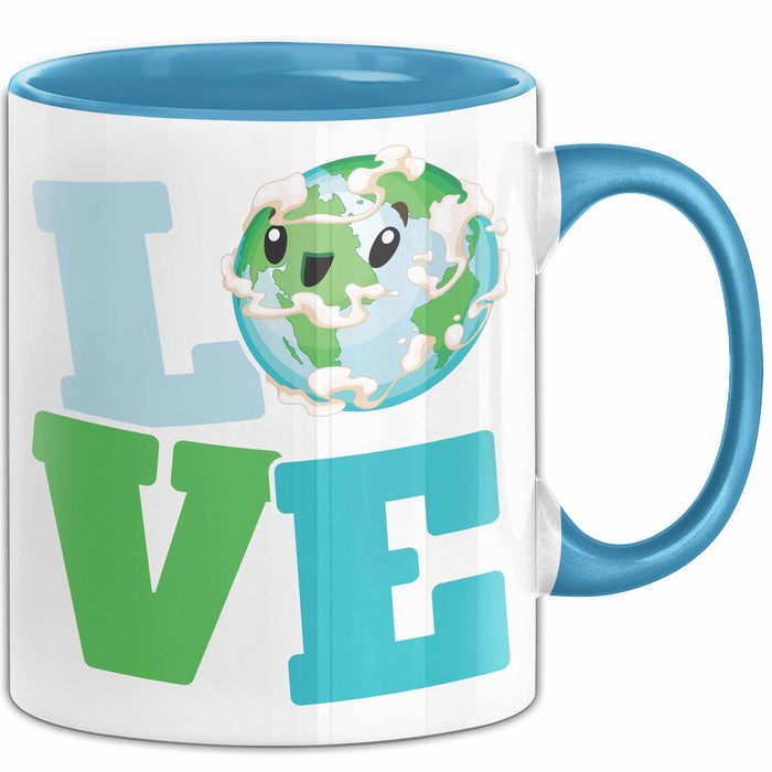 Erde Tasse Geschenk LOVE Schriftzug Lächelnde Erde Geschenkidee Blau Trendation
