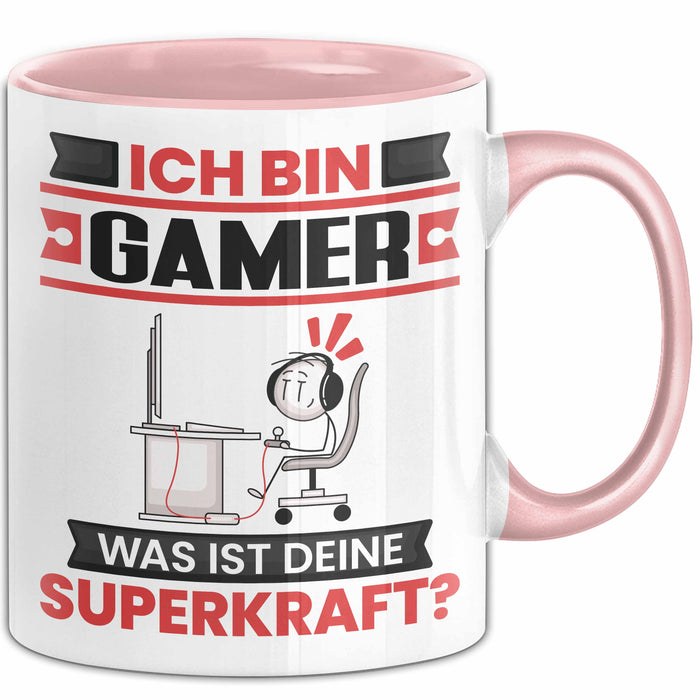 Gamer Tasse Geschenk für Gamer Geburtstag Lustiger Spruch Kaffee-Becher Was Ist Deine Superkraft Rosa Trendation