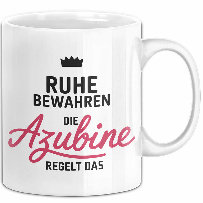 Büroarbeit Kollege Tasse Geschenk Lustige Geschenkidee Spruch Ruhe Bewahren Die Azubine Regelt Das Weiß Trendation