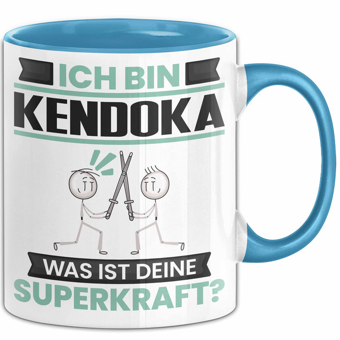 Kendoka Tasse Geschenk für Kendoka Geburtstag Lustiger Spruch Kaffee-Becher Was Ist Deine Superkraft Blau Trendation