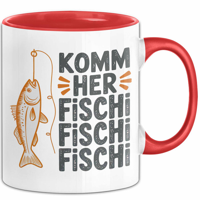 Angelliebhaber Fischer Tasse Geschenk Lustige Geschenkidee Spruch Komm Her Fischi Fischi Fischi Rot Trendation