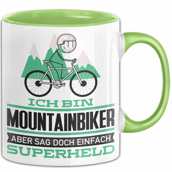 Mountainbiker Geschenk Tasse Ich Bin Mountainbiker Aber Sag Doch Einfach Superheld Lustige Geschenkdiee für Mountainbiker Kaffee-Becher Grün Trendation