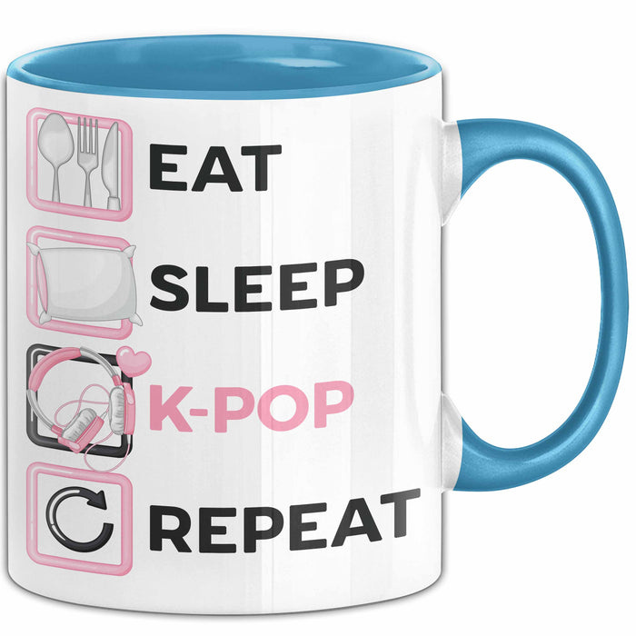 KPop Tasse Geschenk Eat Sleep KPop Repeat Spruch Geschenkidee Blau Trendation