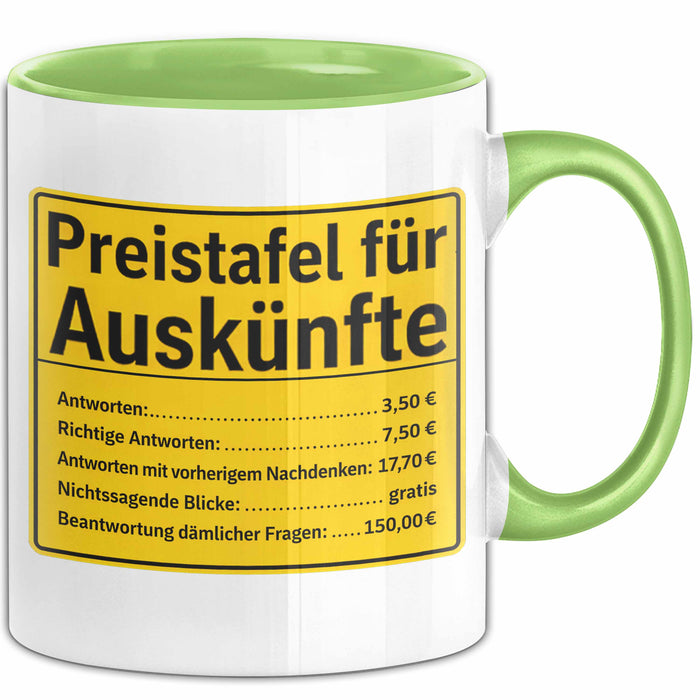 Büroarbeit Kollege Tasse Geschenk Lustige Geschenkidee Spruch Preistafel Für Auskünfte Grün Trendation