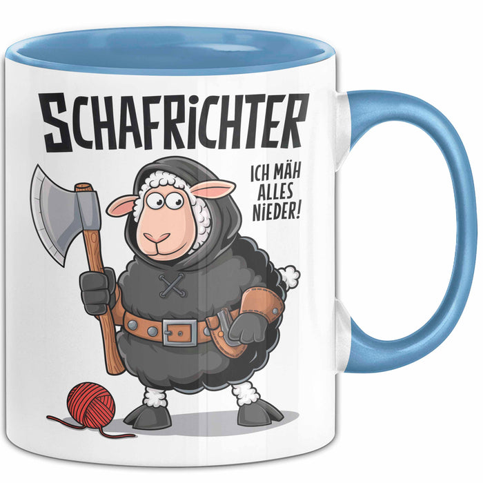 Schaf Tier Sarkasmus Tasse Becher Geschenk Lustige Geschenkidee Spruch Schafrichter Ich Mah Alles Nieder Blau Trendation