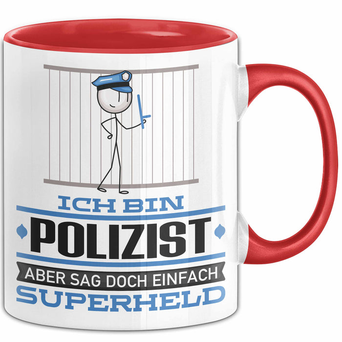 Polizist Geschenk Tasse Ich Bin Polizist Aber Sag Doch Einfach Superheld Lustige Geschenkdiee für Polizist Kaffee-Becher Rot Trendation