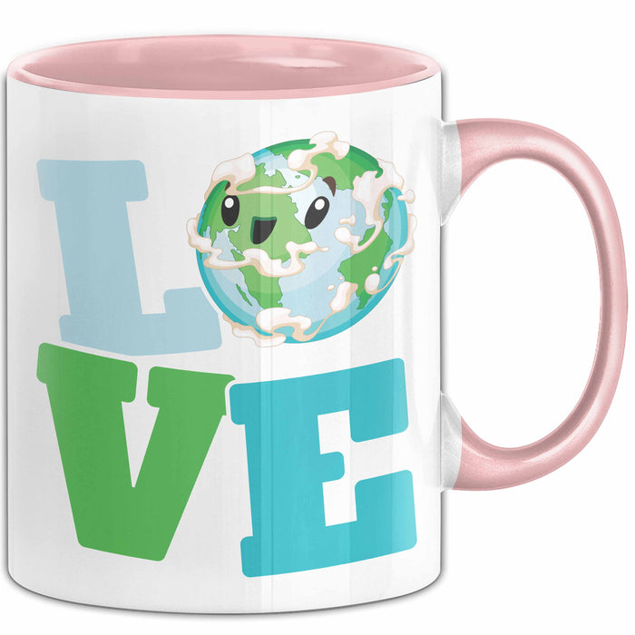 Erde Tasse Geschenk LOVE Schriftzug Lächelnde Erde Geschenkidee Rosa Trendation