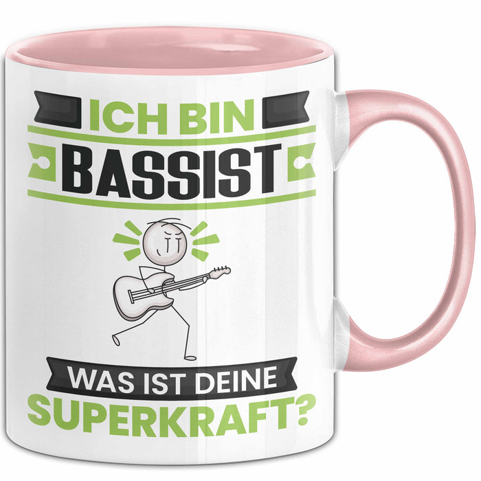 Bassist Tasse Geschenk für Bassist Geburtstag Lustiger Spruch Kaffee-Becher Was Ist Deine Superkraft Rosa Trendation
