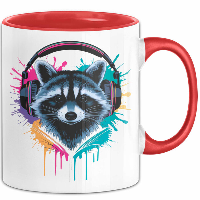 Waschbär Tierliebhaber Musik Kopfhörer Tasse Geschenk Lustige Geschenkidee Spruch Rot Trendation