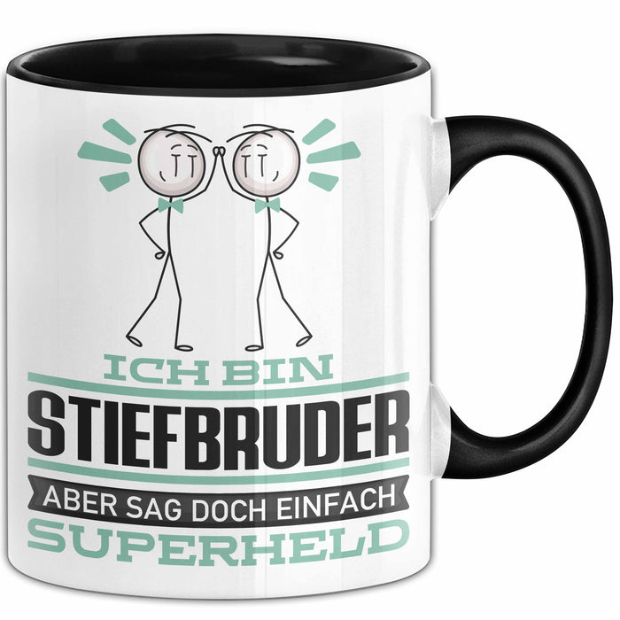Stiefbruder Geschenk Tasse Ich Bin Stiefbruder Aber Sag Doch Einfach Superheld Lustige Geschenkdiee für Stiefbruder Kaffee-Becher Schwarz Trendation