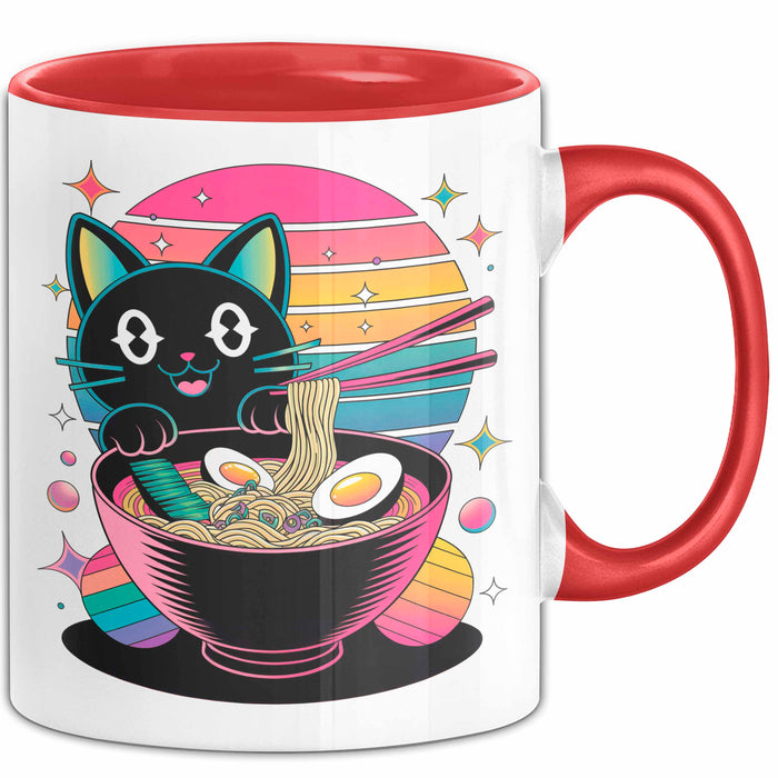 Katzen Tierliebhaber Tasse Geschenk Lustige Geschenkidee Spruch Katze Isst Ramen Nudeln Rot Trendation