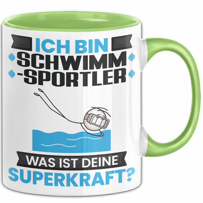 Schwimmsportler Tasse Geschenk für Schwimmsportler Geburtstag Lustiger Spruch Kaffee-Becher Was Ist Deine Superkraft Grün Trendation
