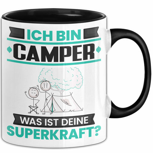Camper Tasse Geschenk für Camper Geburtstag Lustiger Spruch Kaffee-Becher Was Ist Deine Superkraft Schwarz Trendation