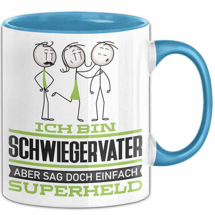 Schwiegervater Geschenk Tasse Ich Bin Schwiegervater Aber Sag Doch Einfach Superheld Lustige Geschenkdiee für Schwiegervater Kaffee-Becher Blau Trendation