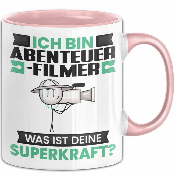 Abenteuerfilmer Tasse Geschenk für Abenteuerfilmer Geburtstag Lustiger Spruch Kaffee-Becher Was Ist Deine Superkraft Rosa Trendation