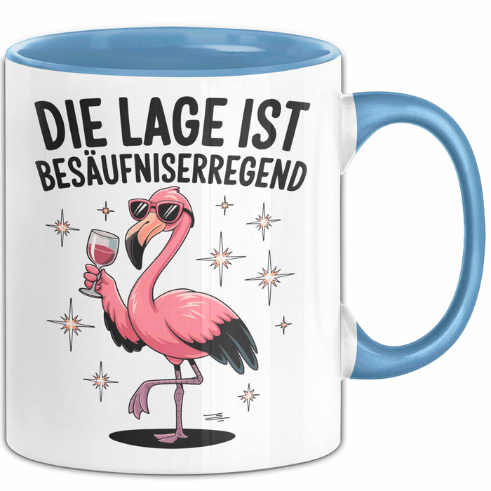 Flamingo Trinkend Tasse Geschenk Lustige Geschenkidee Spruch Die Lage Ist Besäufniserregend Blau Trendation
