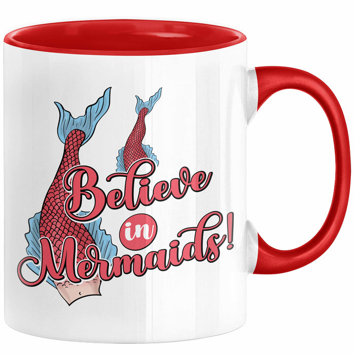 Meerjungfrau Geschenk Tasse für Mädchen Nymphe Nixe Becher Grafik Believe In Mermaids Rot Trendation