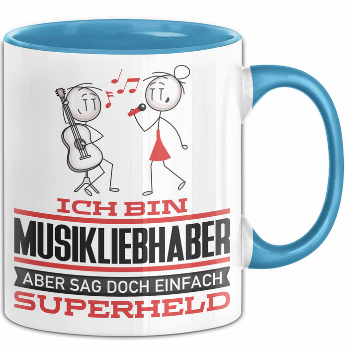 Musikliebhaber Geschenk Tasse Ich Bin Musikliebhaber Aber Sag Doch Einfach Superheld Lustige Geschenkdiee für Musikliebhaber Kaffee-Becher Blau Trendation