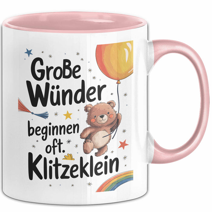 Baby Geburt Neue Eltern Tasse Geschenk Lustige Geschenkidee Spruch Große Wunder Beginnen Oft Klitzeklein Rosa Trendation