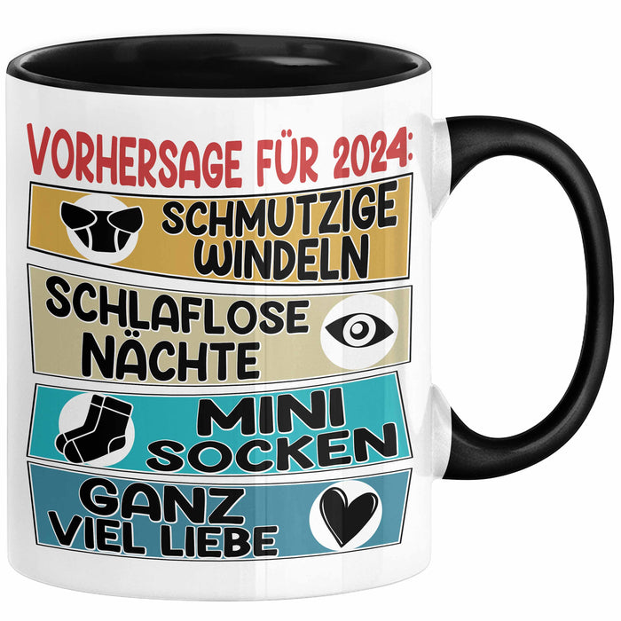 Schwangerschaft Verkünden 2025 Tasse Geschenk Mann Vorhersage für 2025 Schmutzige Windeln Schlaflose Nächte Kaffee-Becher Schwarz Trendation