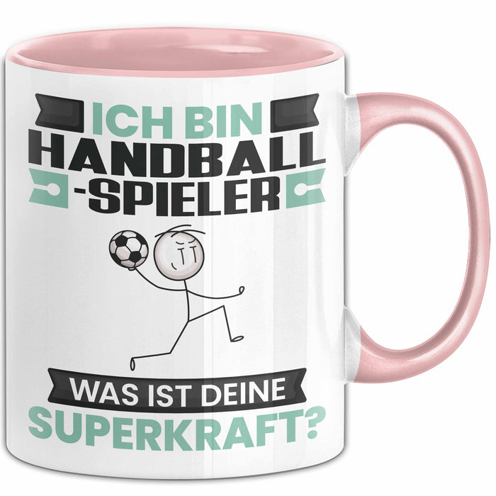 Handballspieler Tasse Geschenk für Handballspieler Geburtstag Lustiger Spruch Kaffee-Becher Was Ist Deine Superkraft Rosa Trendation