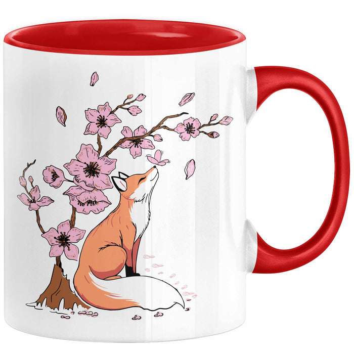 Fuchs Tasse Geschenk Fox Japanese Kirschblüte Blume Vintage Fuchs Kaffee-Becher Rot Trendation