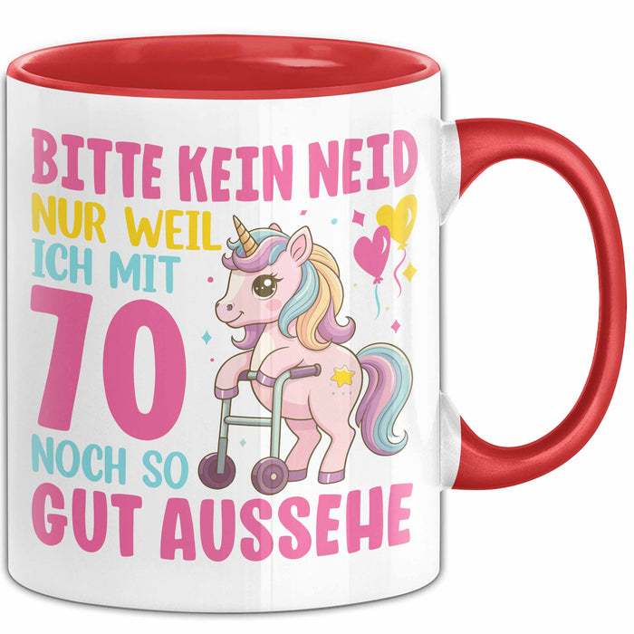 70. Geburtstag Tasse Frauen Geschenk Bitte Nur Kein Neid Nur Weil Ich mit 70 Noch So Gut Aussehe Mama Oma Rot Trendation