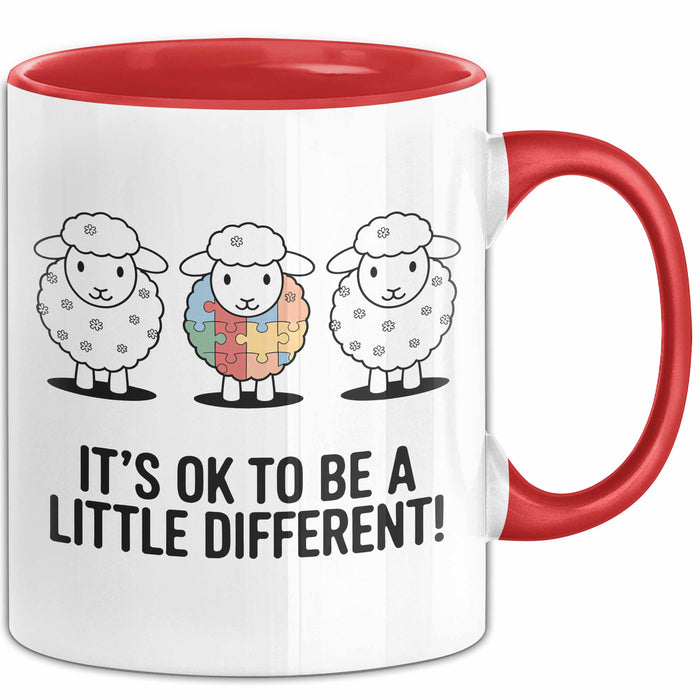 Schaf Autismus Bewusstsein Tasse Geschenk Lustige Geschenkidee Spruch Es Ist Okay Ein Bisschen Anders Zu Sein Rot Trendation