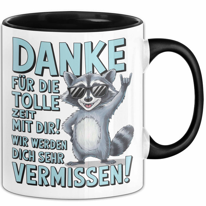 Büro Arbeit Kollege Tasse Becher Geschenk Lustige Geschenkidee Spruch Danke Für Die Tolle Zeit Mit Dir Wir Werden Dich Sehr Vermissen Schwarz Trendation