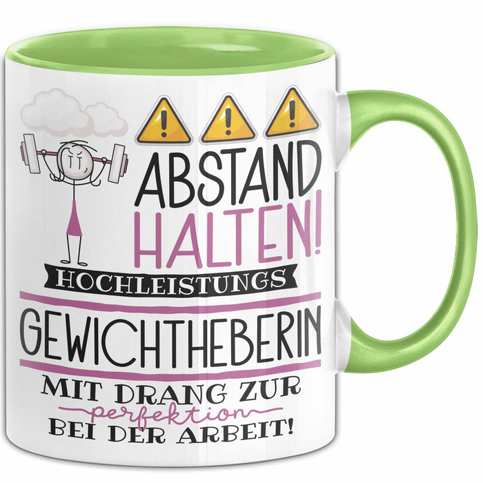 Gewichtheberin Tasse Geschenk Lustig Abstand Halten Hochleistungs-Gewichtheberin Mit Drang Zur Perfektion Bei Der Arbeit Grün Trendation